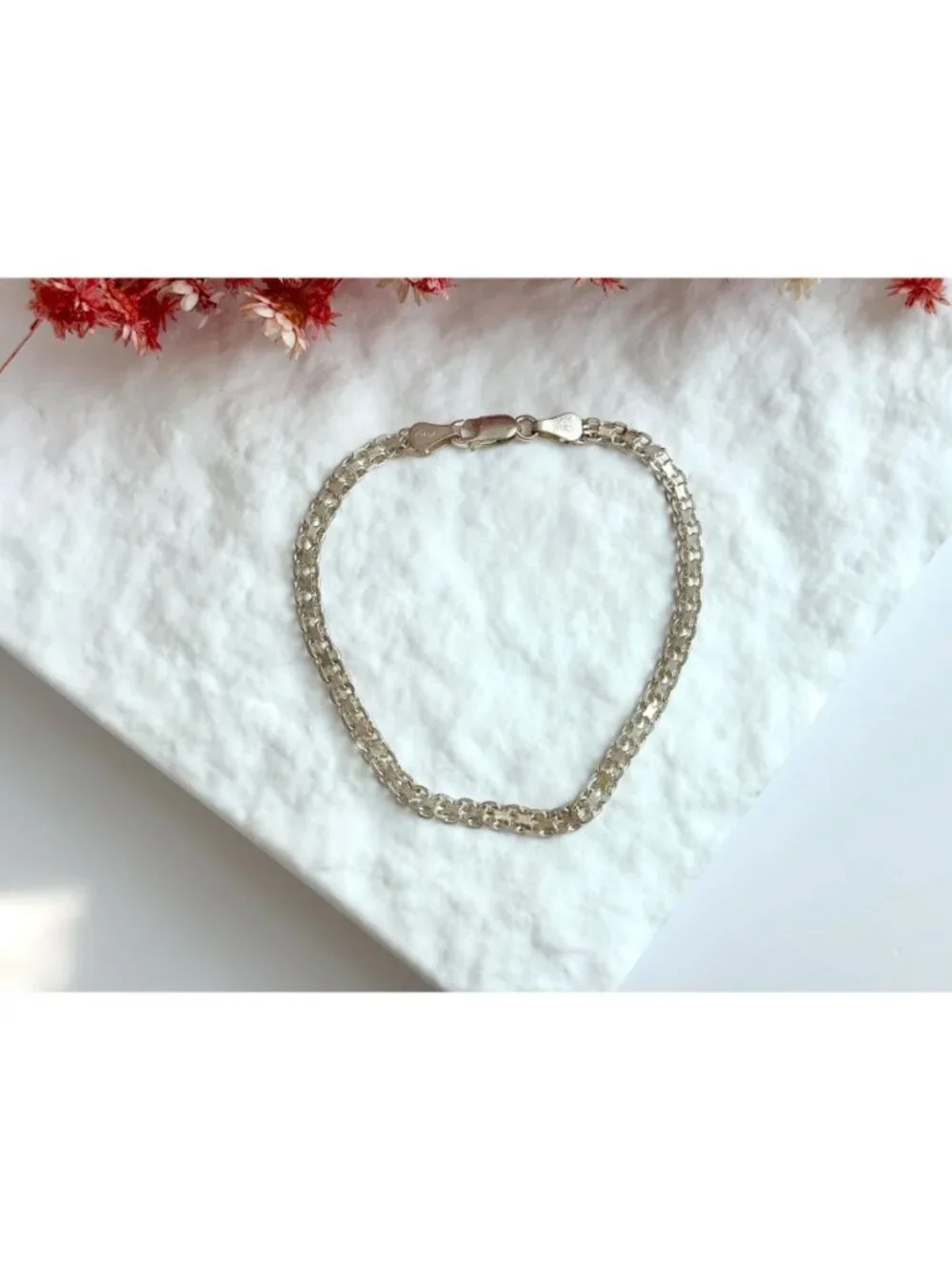 Italian Made Flat Link Minimalist Vintage Sterling Silver 925 Bracelet - 8